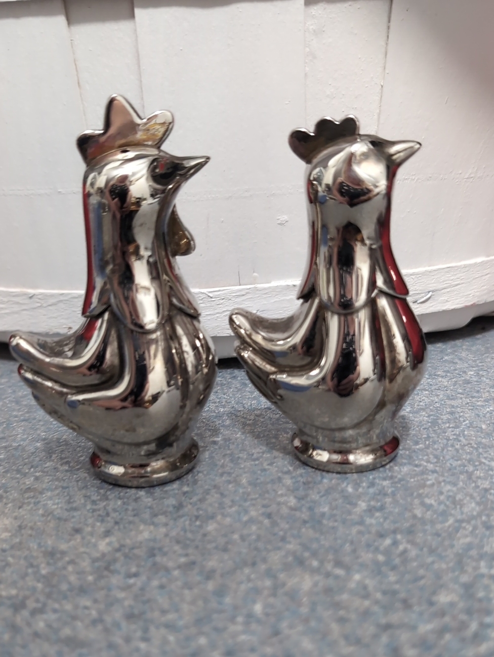 Vintage Mid-Century Chrome Rooster & Hen Figural Salt & Pepper Shakers